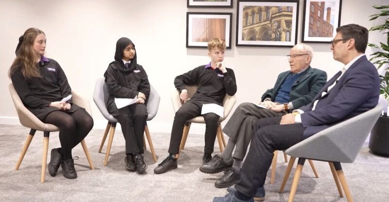 Falinge Park High School pupils Willow Greenwood, Abiha Imran, and Dylan Ogden as they joined Andy Burnham to interview Tomi Komoly BEM, a Holocaust Survivor.