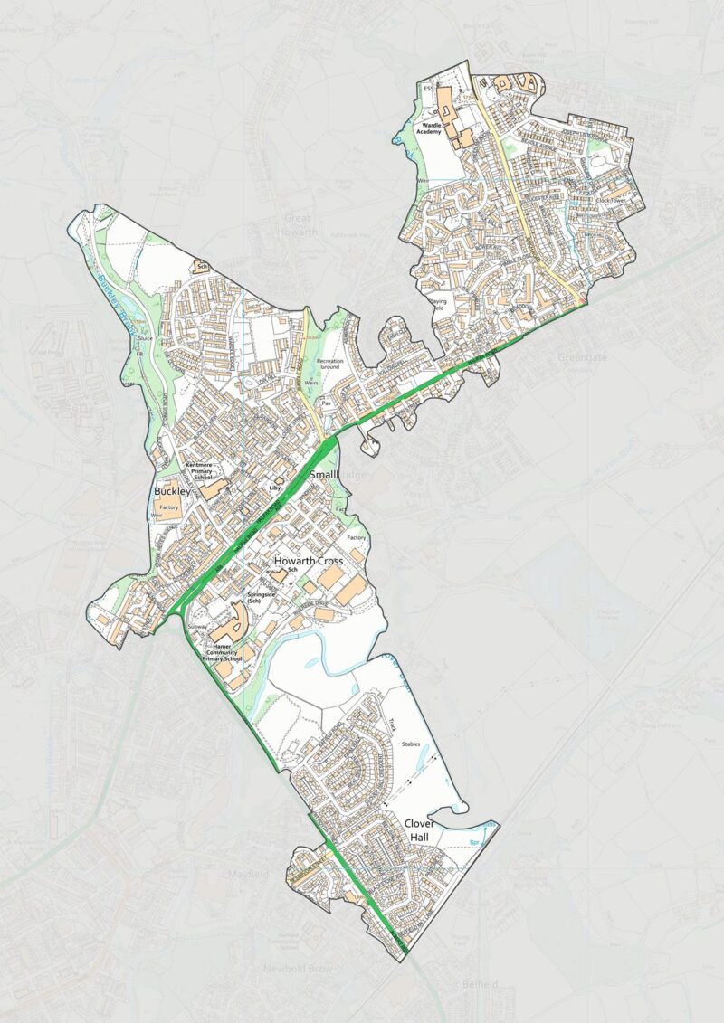 This map shows the area covered as Smallbridge & Hurstead