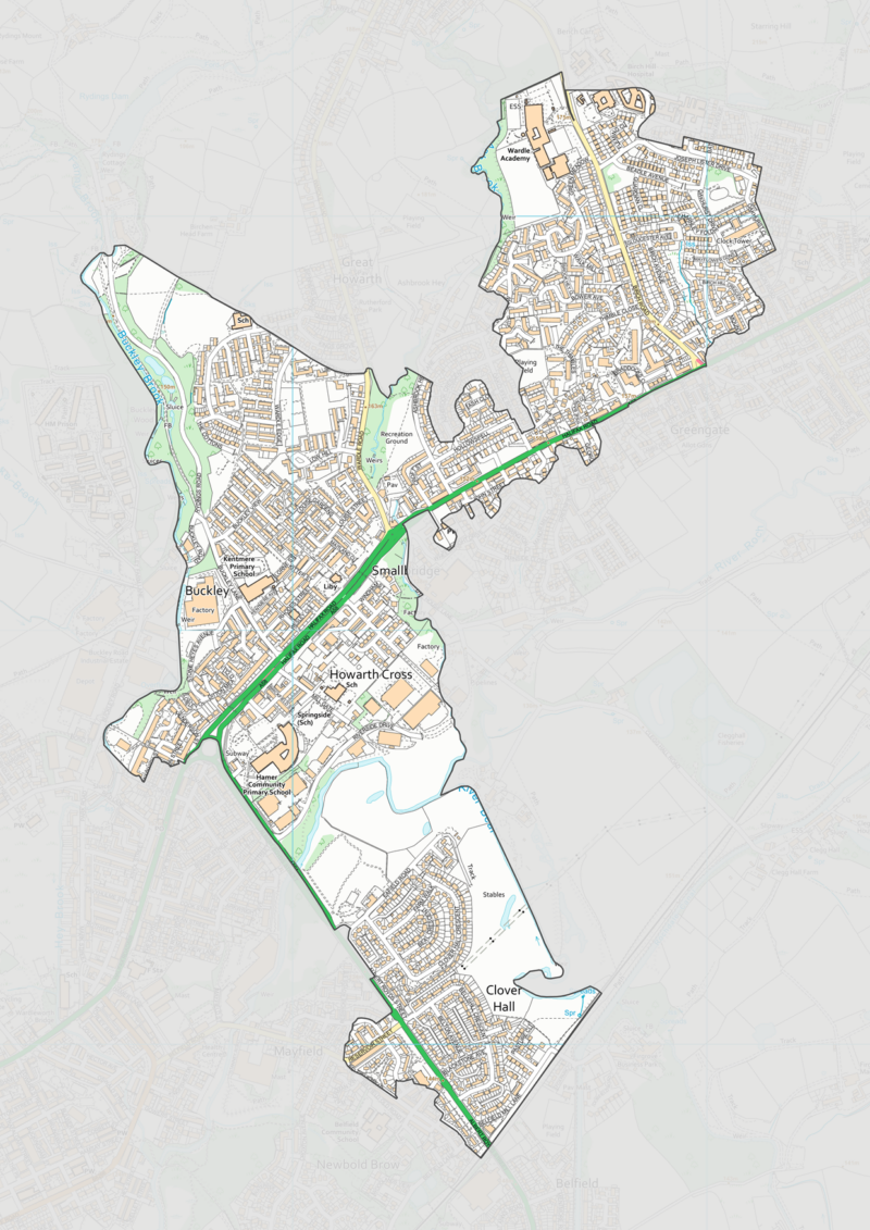 This map shows the area covered as Smallbridge & Hurstead